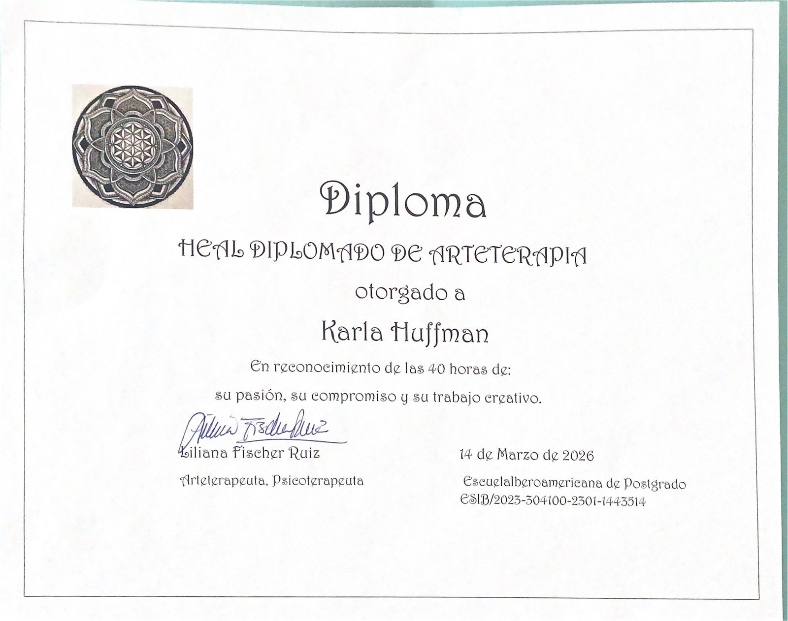 Certificado o reconocimiento de Karla Huffman